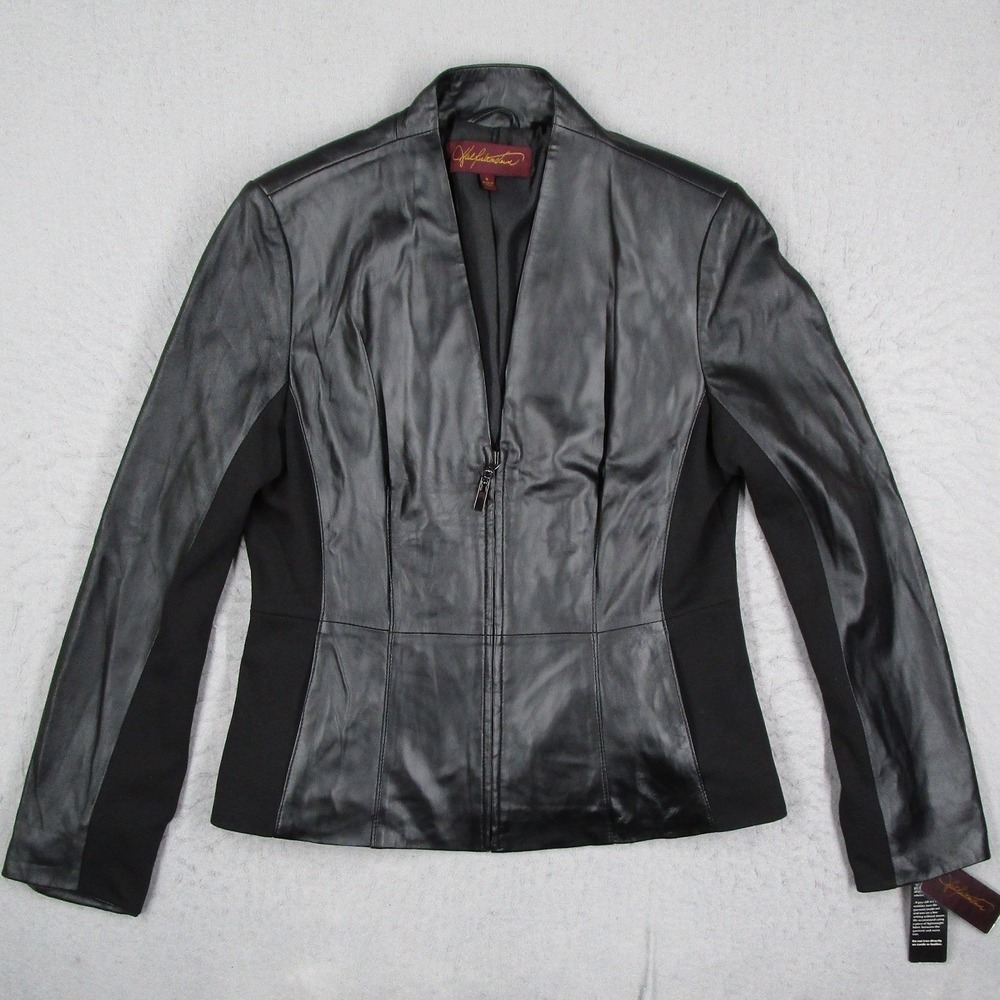 Hal Rubenstein Black Leather Mixed Media Zip Front Jacket Small Moto
